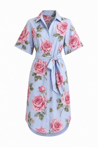 Collared Short Sleeved Shirt Dress with Waist Tie