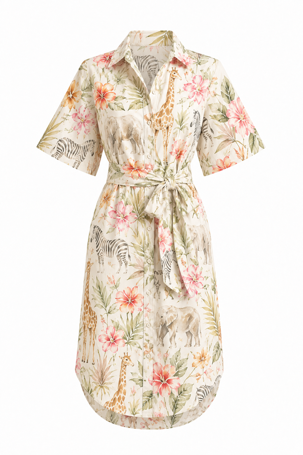 Collared Short Sleeved Shirt Dress with Waist Tie