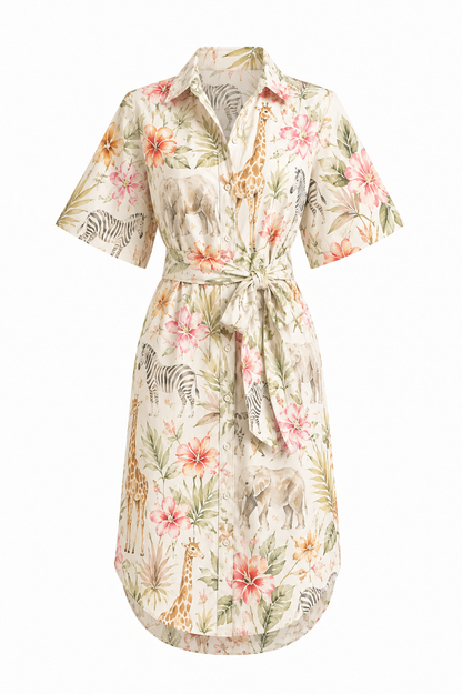 Collared Short Sleeved Shirt Dress with Waist Tie