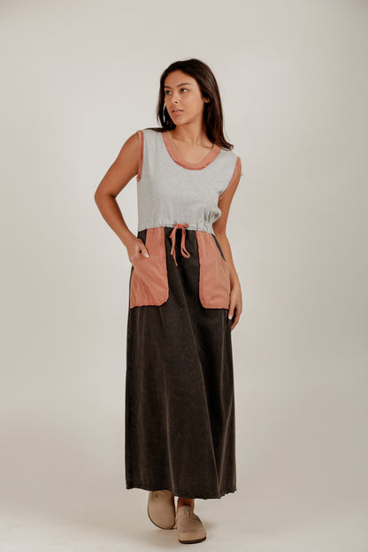 Boho Black-Grey Patched Maxi Dress ( D240004 Mineral-Washed Black Grey)