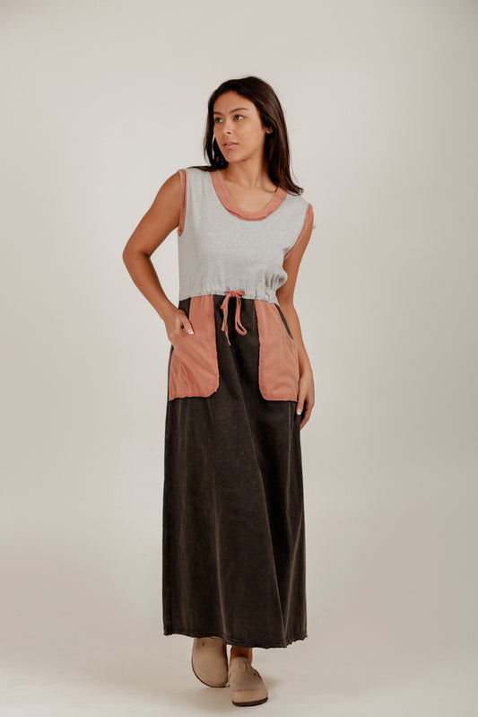 Boho Black-Grey Patched Maxi Dress ( D240004 Mineral-Washed Black Grey)