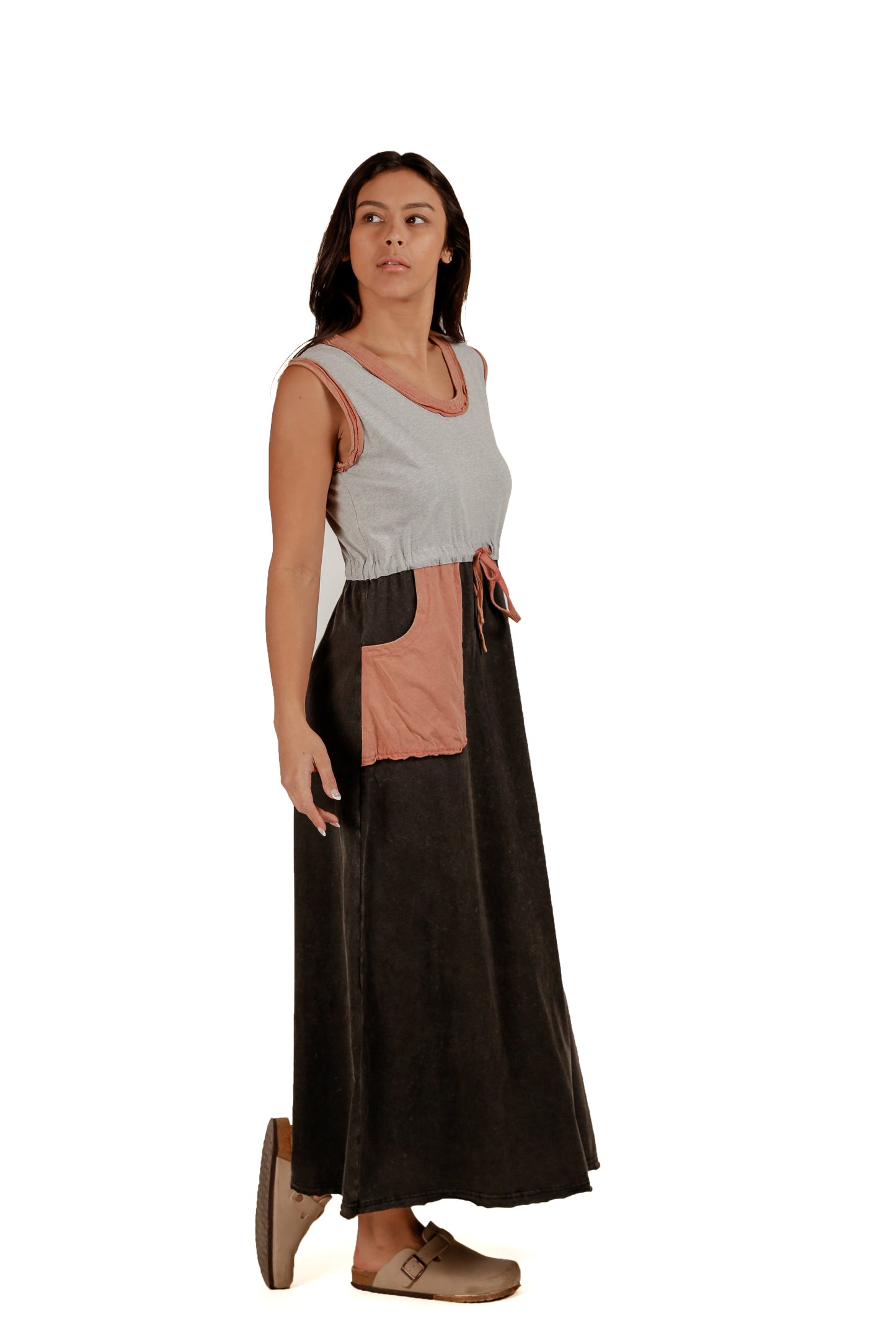 Boho Black-Grey Patched Maxi Dress ( D240004 Mineral-Washed Black Grey)