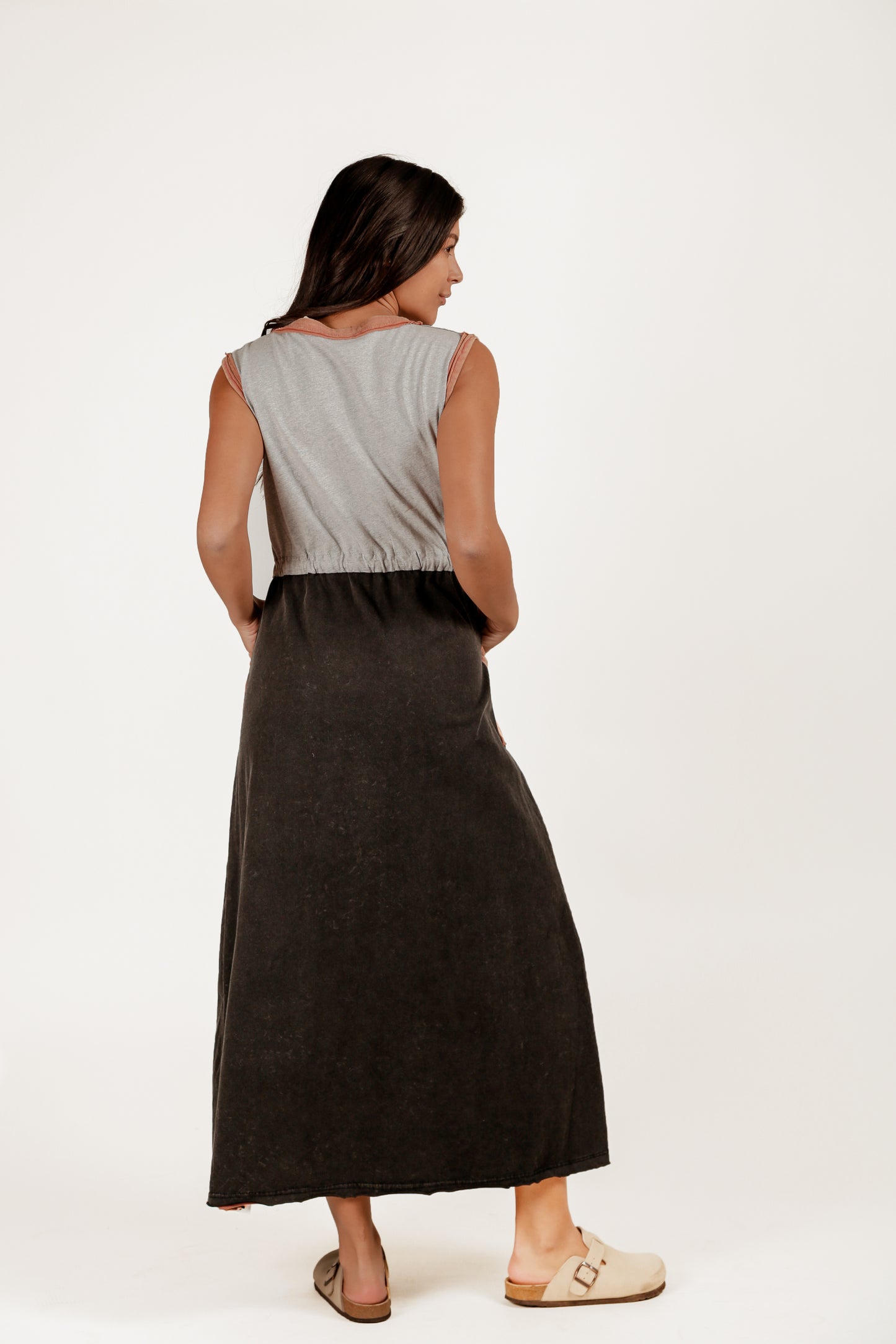 Boho Black-Grey Patched Maxi Dress ( D240004 Mineral-Washed Black Grey)