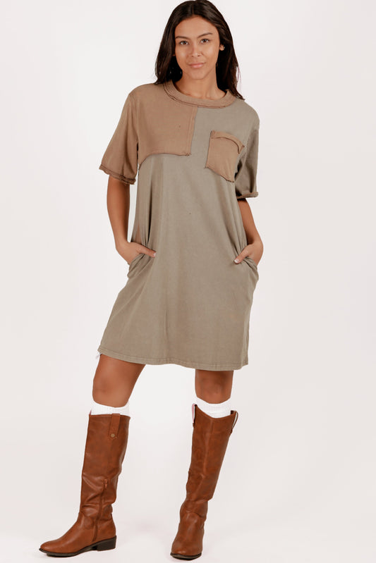 Boho-Style Mineral-Washed Cotton Midi Dress (sku #D240005 OLIVE )