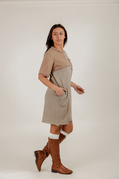 Boho-Style Mineral-Washed Patched Cotton Dress (D240005 Olive )