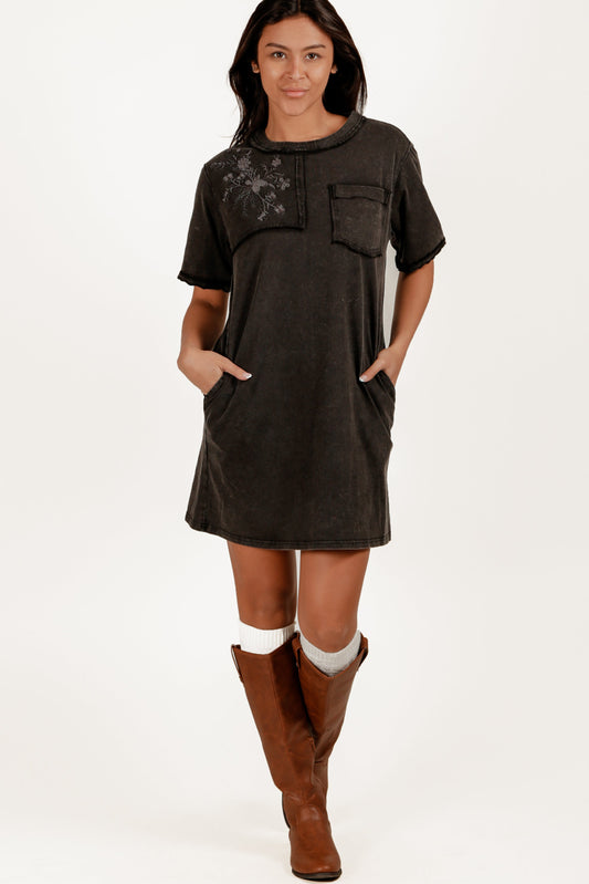 Boho-Style Mineral-Washed Patched Cotton Dress (sku #D240005 BLACK EMBORIDERY)
