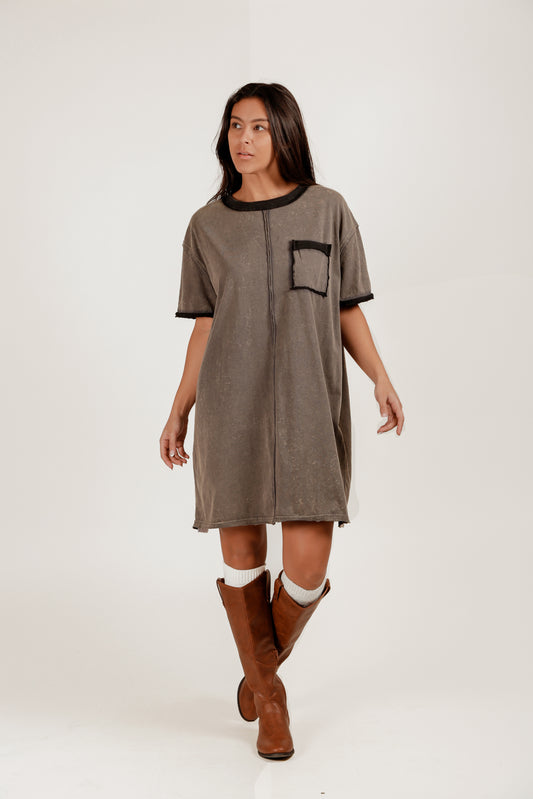 Grey Hue Mineral-Washed Cotton Dress (D240007 Grey)