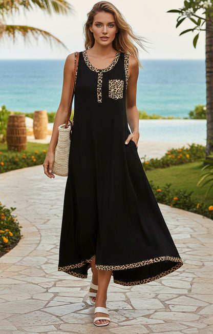 Flowy Knit Maxi Dress with Contrast Trim-Black Animal