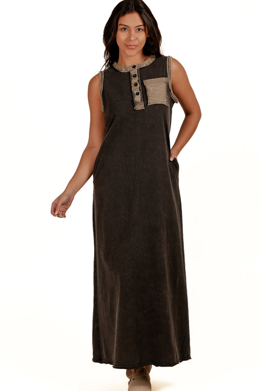 Boho-Style Black and Grey Mineral-Washed Cotton Maxi Dress (sku#D240009 BLACK )