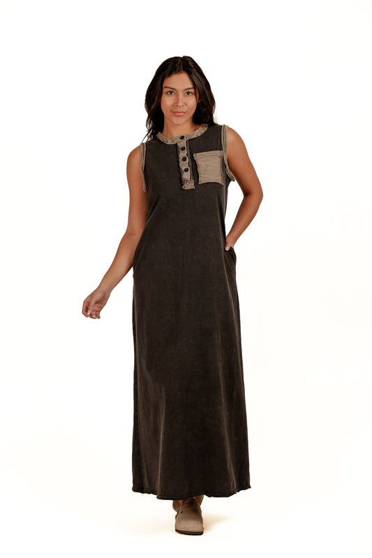 Mineral-Washed Black Cotton Maxi Dress (D240009 Mineral-Washed Black )