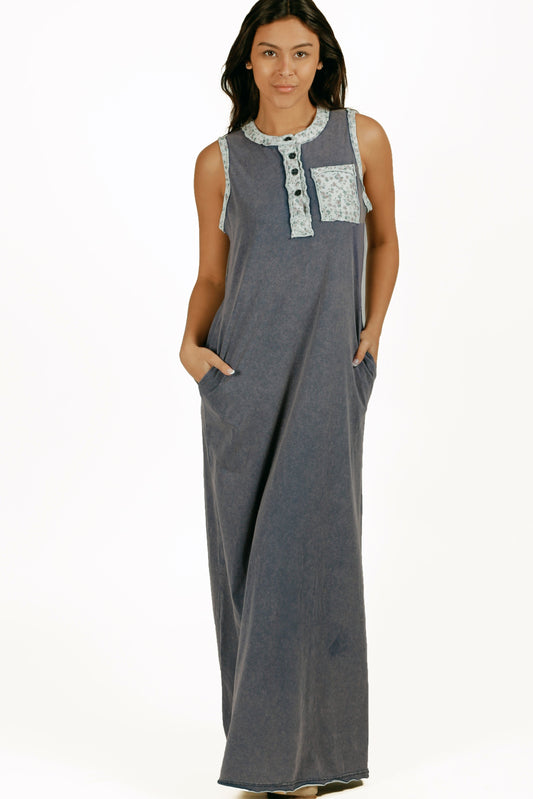 Boho-Style Navy and Light Blue Floral-Trimmed Cotton Dress (sku# D240009 )
