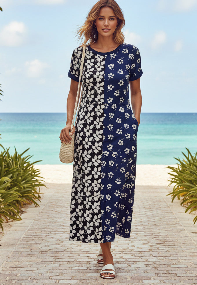 Bold Patchwork Scoop Neck Maxi Dress-Purple Multi
