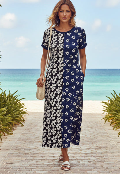 Bold Patchwork Scoop Neck Maxi Dress-Purple Multi