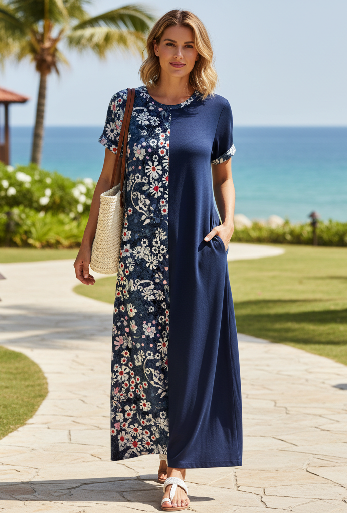 Bold Patchwork Scoop Neck Maxi Dress-White Black Floral