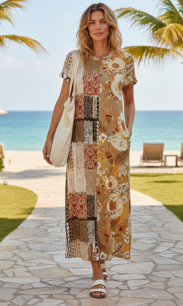 Bold Patchwork Scoop Neck Maxi Dress-Purple Multi