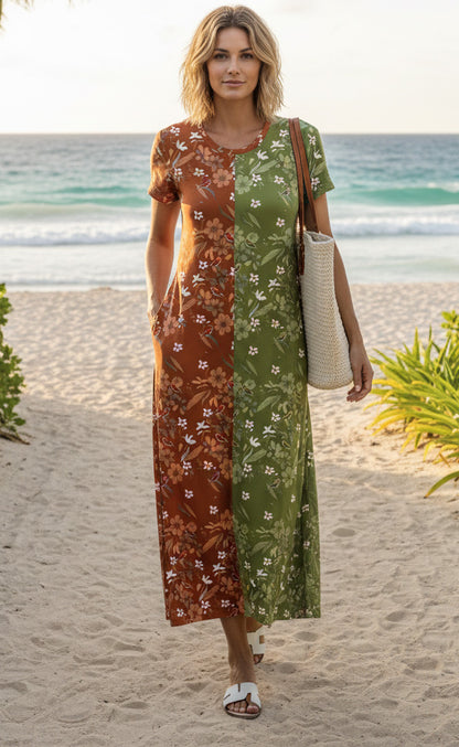 Bold Patchwork Scoop Neck Maxi Dress-Purple Multi