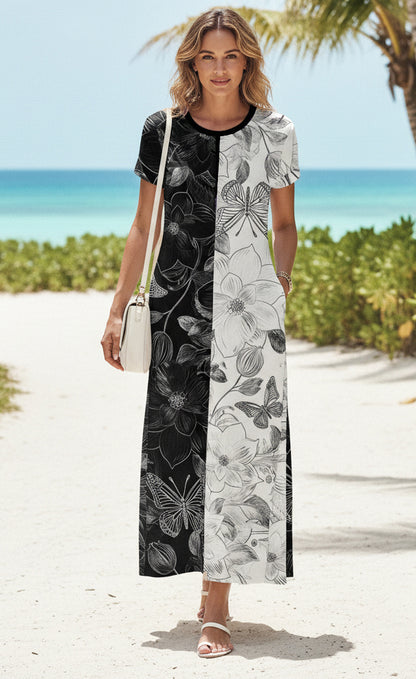 Bold Patchwork Scoop Neck Maxi Dress-White Black Floral