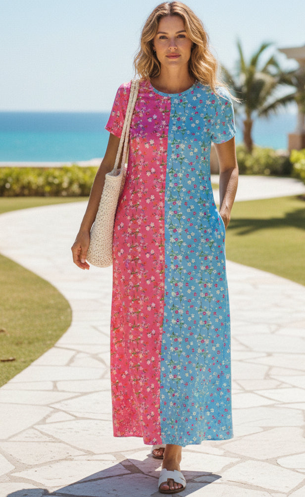 Bold Patchwork Scoop Neck Maxi Dress-White Black Floral