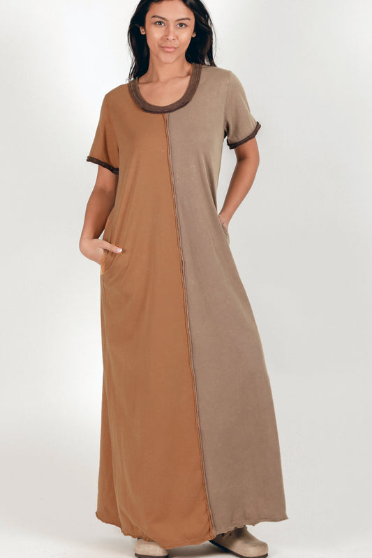 Boho-Style Camel and Brown Patched Cotton Dress ( sku#D240010 camel, champagne )
