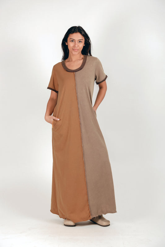 Camel and Brown Patched Cotton Dress (D240010 Camel And Champagne )