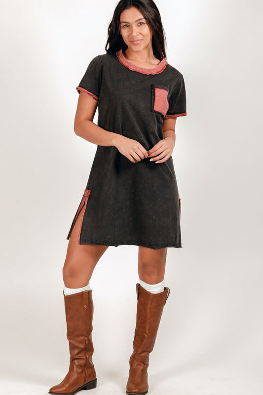 Boho-Style Black and Rust Mineral-Washed Cotton T-Shirt  (sku#D2400012 BLACK )