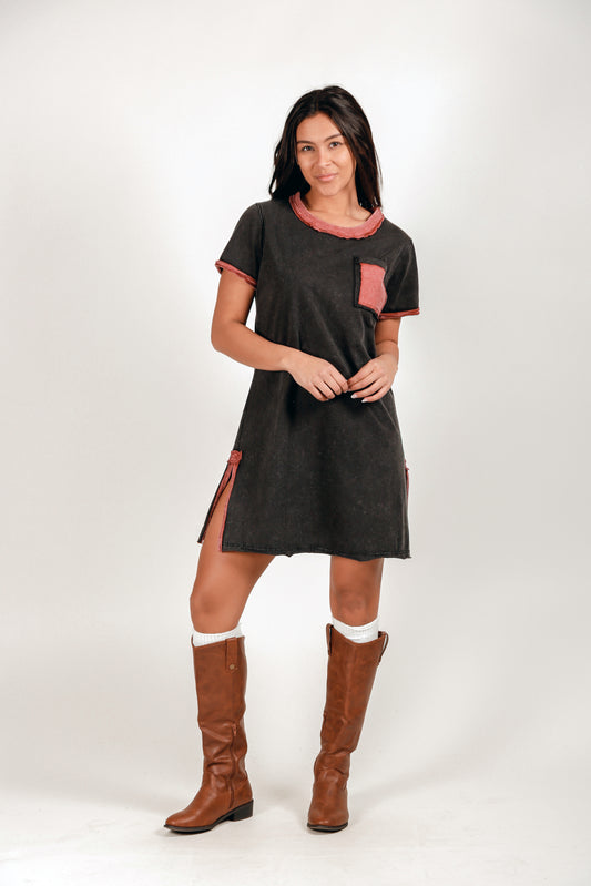 Mineral-Washed Cotton T-Shirt Midi Dress (D2400012 Mineral Washed Black)