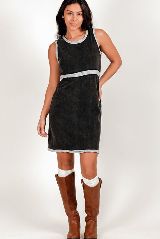 Boho-Style Mineral-Washed Light Grey Ribbed Knit Midi Dress (sku# D240014 black )