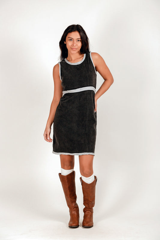 Mineral-Washed Light Grey Ribbed Knit Midi Dress (D240014 Mineral Washed Black)