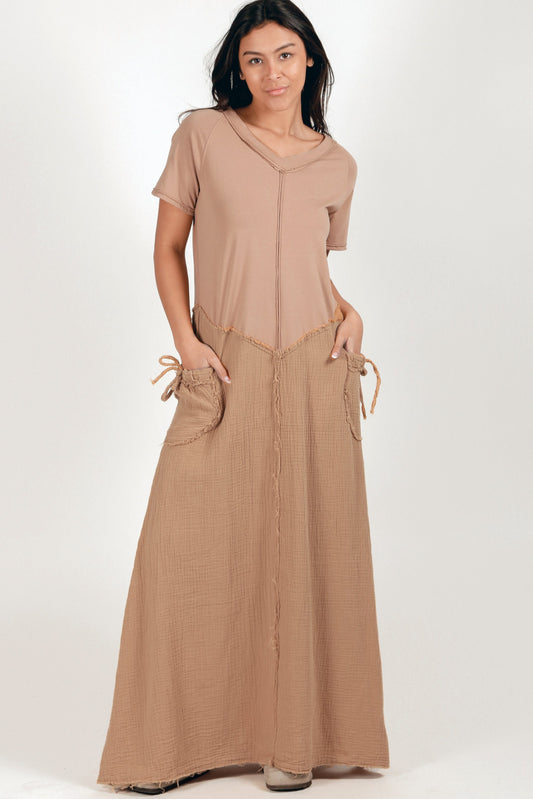 Boho-Style 100% Cotton and Gauze Patched Maxi Dress (sku#D240015 champagne )