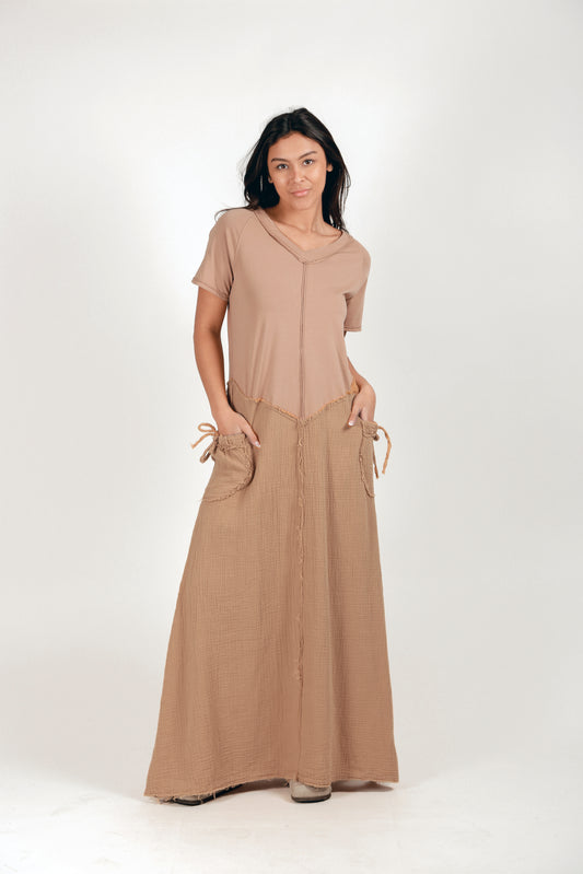 100% Cotton and Gauze Patched Maxi Dress (D240015 Champagne )