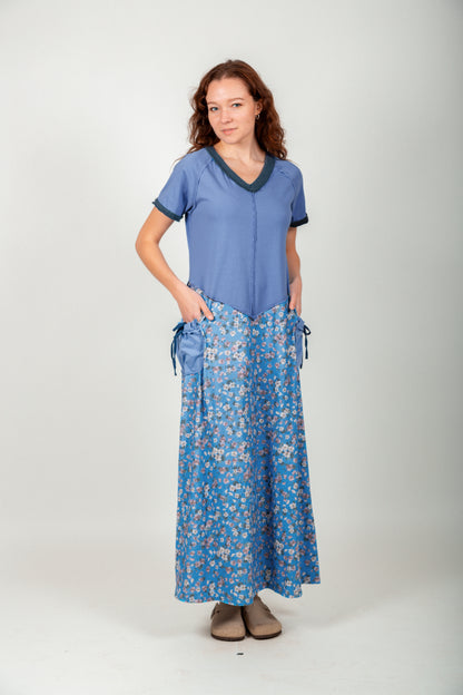 Boho Blue Flora Maxi Dress (D240015 Blue )