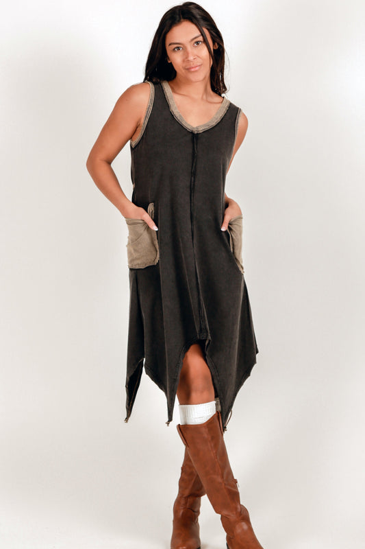 Boho-Style Black 100% Cotton Midi Dress (sku#D240020 BLACK )