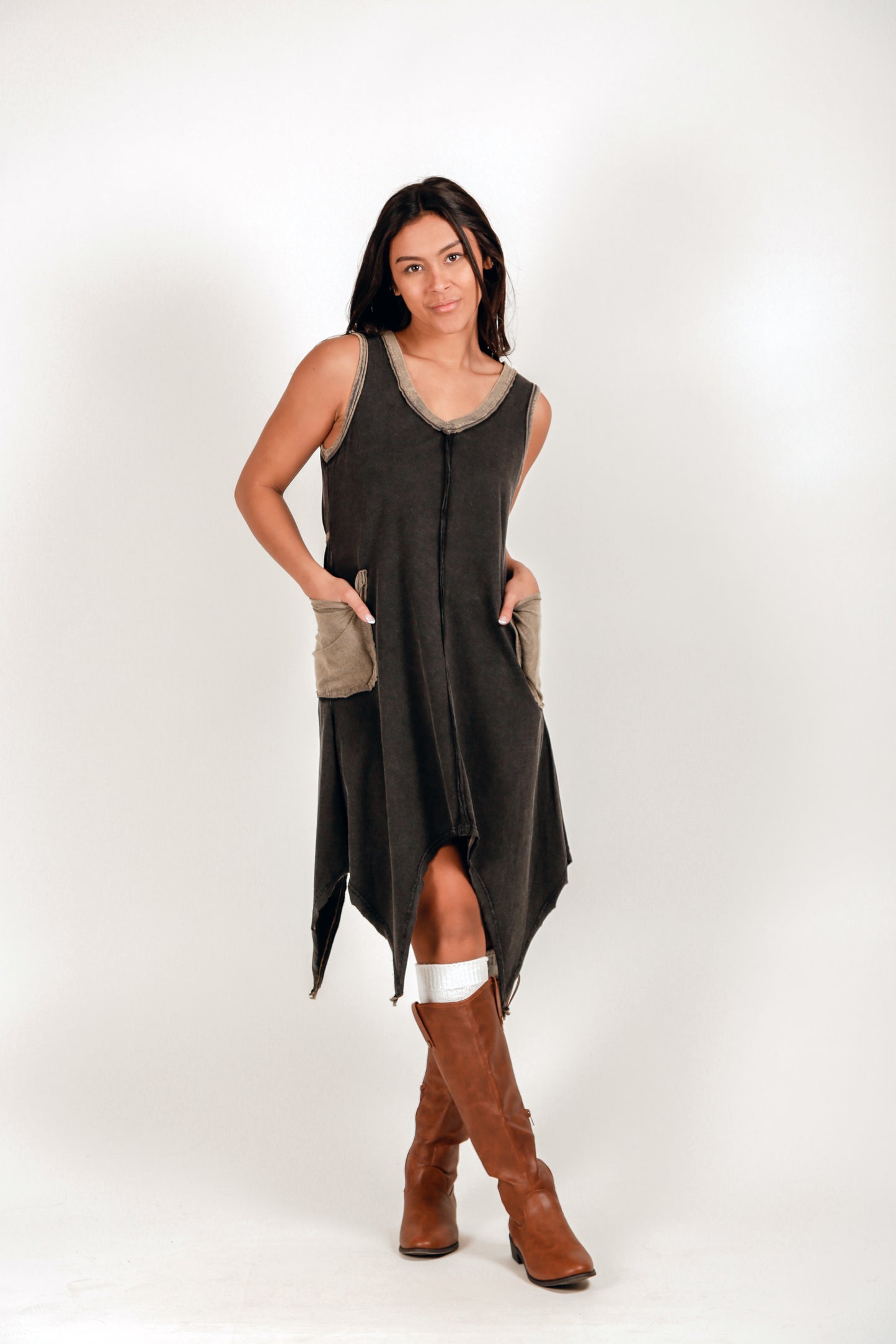 Boho-Style Brown and Champagne 100% Cotton Midi Dress (D240020 Brown Beige)