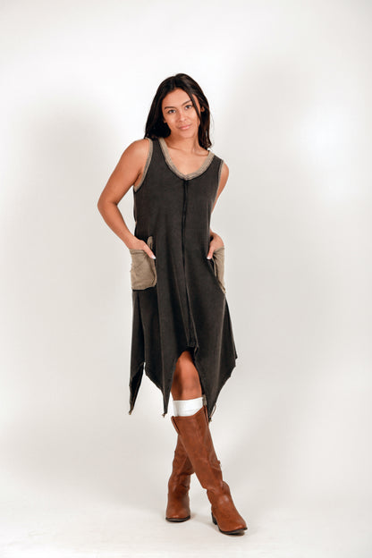 Boho-Style Brown and Champagne 100% Cotton Midi Dress (D240020 Brown Beige)