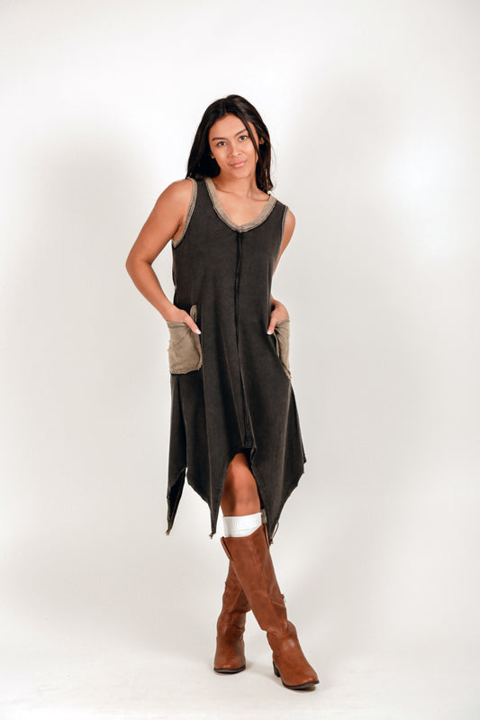 Boho-Style Black 100% Cotton Midi Dress (D240020 Mineral Washed Black)