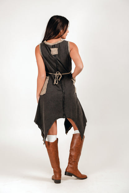 Boho-Style Brown and Champagne 100% Cotton Midi Dress (D240020 Brown Beige)