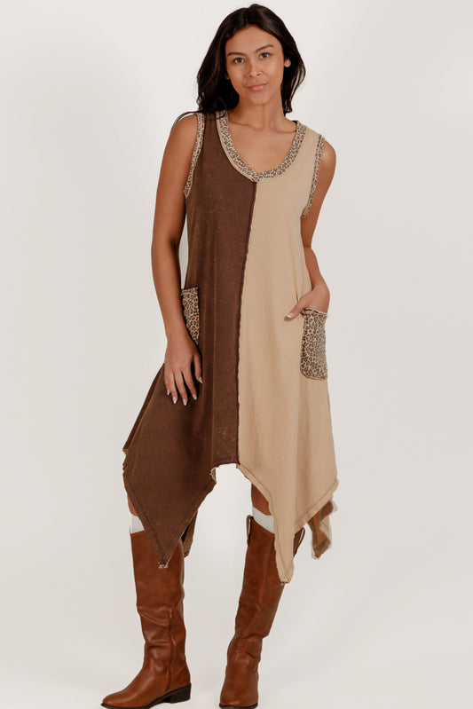 Boho-Style Brown and Champagne 100% Cotton Midi Dress (sku# D240020 BROWN )