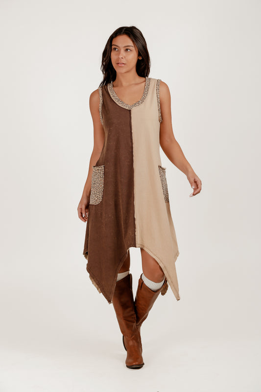 Boho-Style Brown and Champagne 100% Cotton Midi Dress (D240020 Brown Beige)
