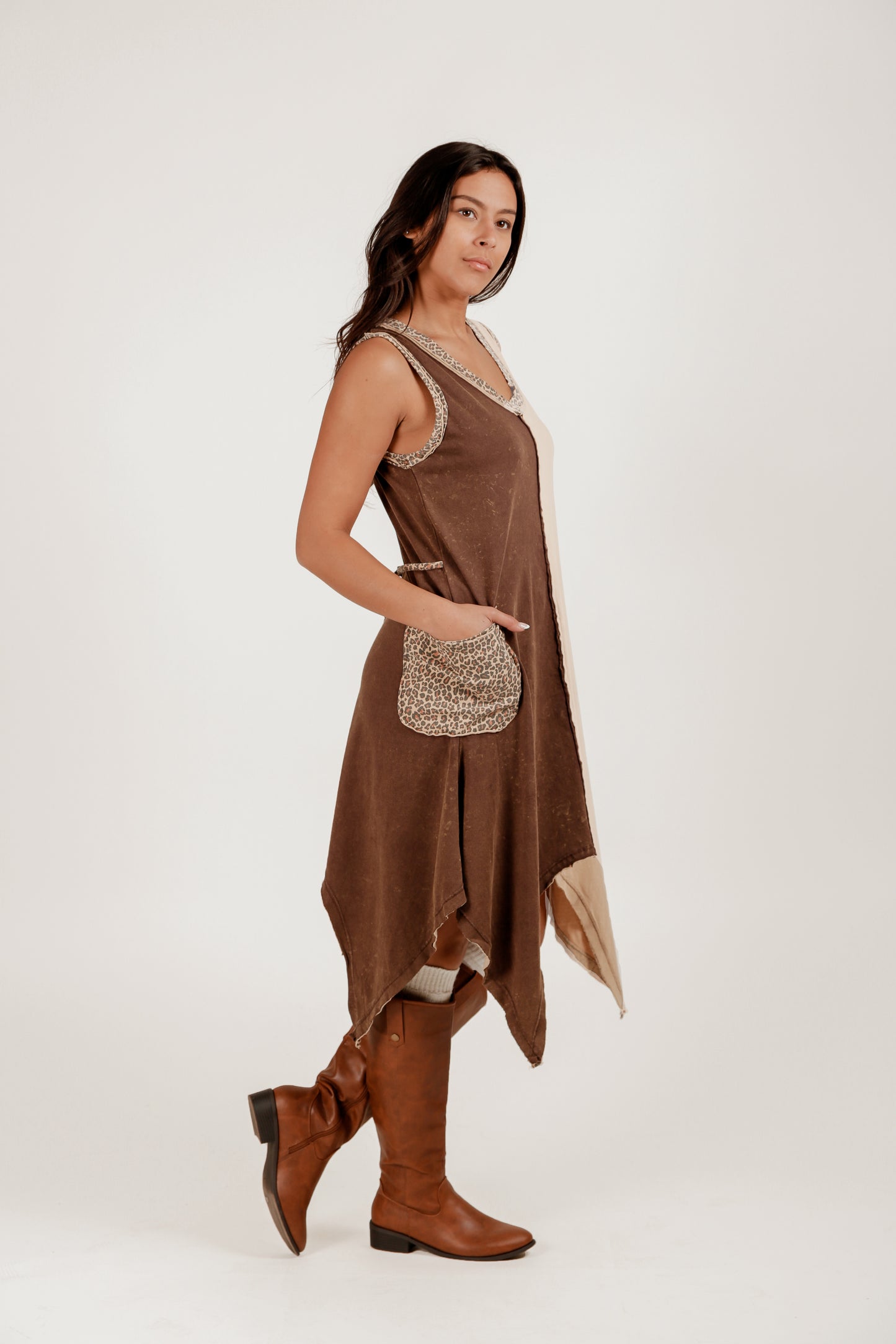 Boho-Style Brown and Champagne 100% Cotton Midi Dress (D240020 Brown Beige)