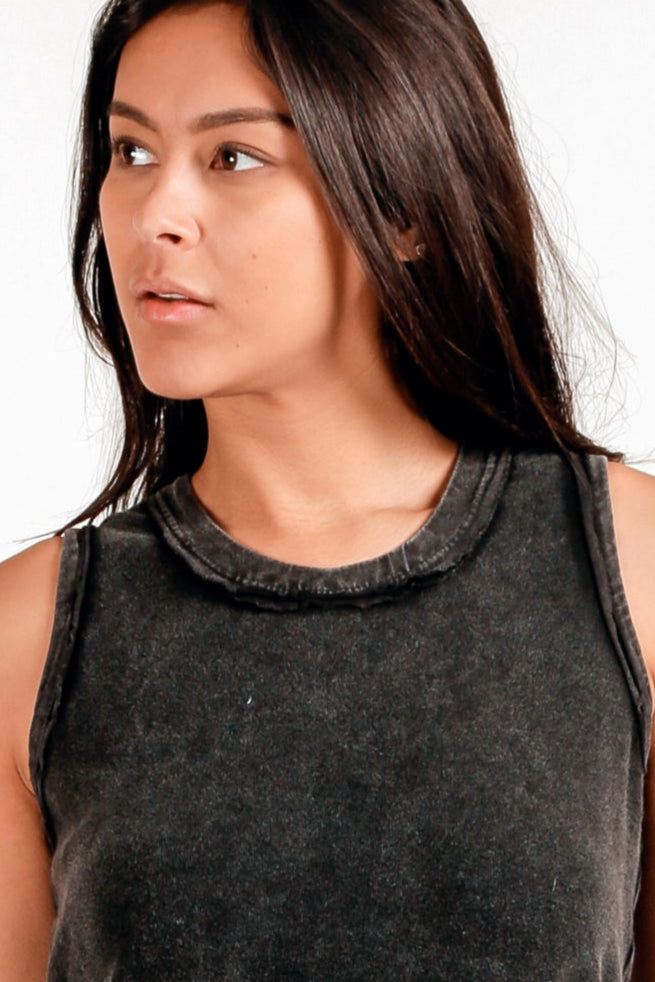 100% Cotton Ribbed Knit Body Maxi Dress (D240021 Mineral Washed Black)