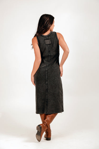 100% Cotton Ribbed Knit Body Maxi Dress (D240021 Mineral Washed Black)