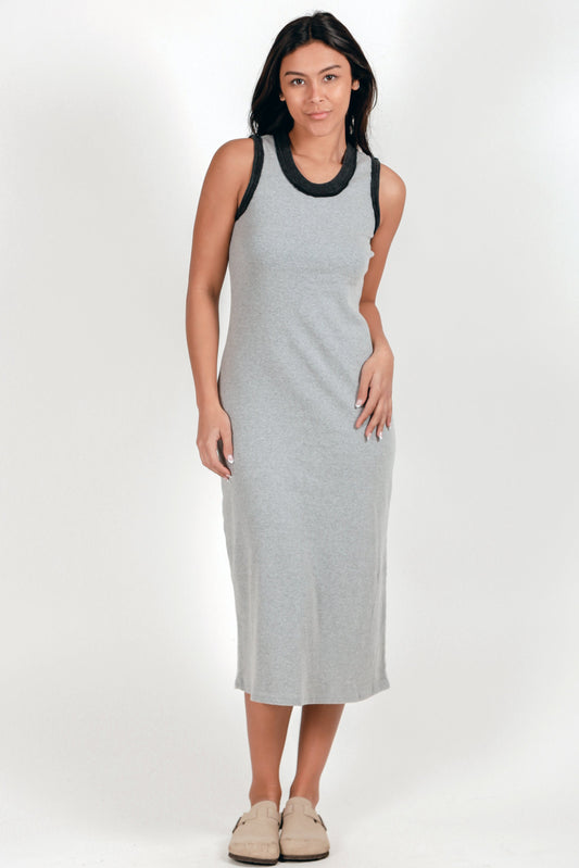 Boho-Style 100% Cotton Ribbed Knit Body Maxi Dress (sku #D240021 GREY)