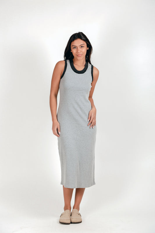 100% Cotton Ribbed Knit Body Maxi Dress(D240021 Mineral Washed Grey)