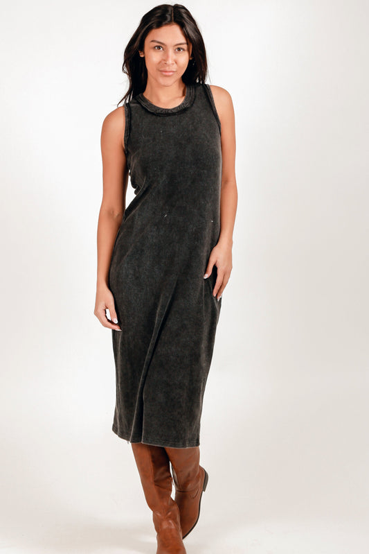 Boho-Style 100% Cotton Ribbed Knit Body Maxi Dress (sku# D240021 BLACK)