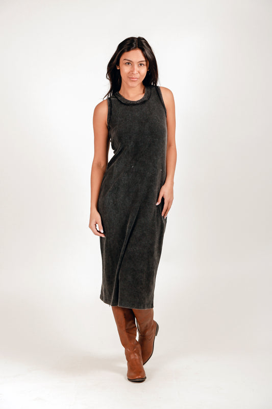 100% Cotton Ribbed Knit Body Maxi Dress (D240021 Mineral Washed Black)