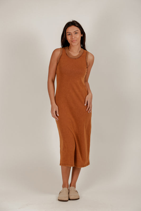 Ribbed Knit Body Maxi Dress(D240021 Mineral Washed Rust)