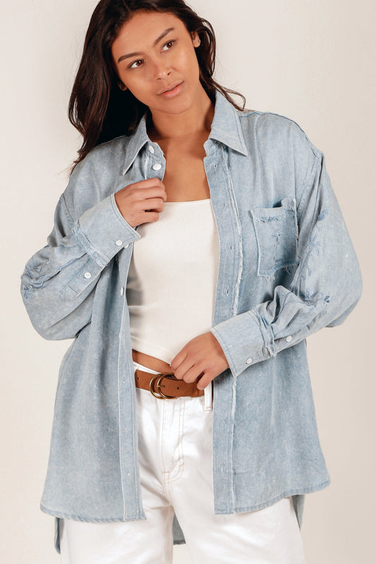 100% Tencel Oversized Blue Shirt with Embroidery (sku # D240023 BLUE )