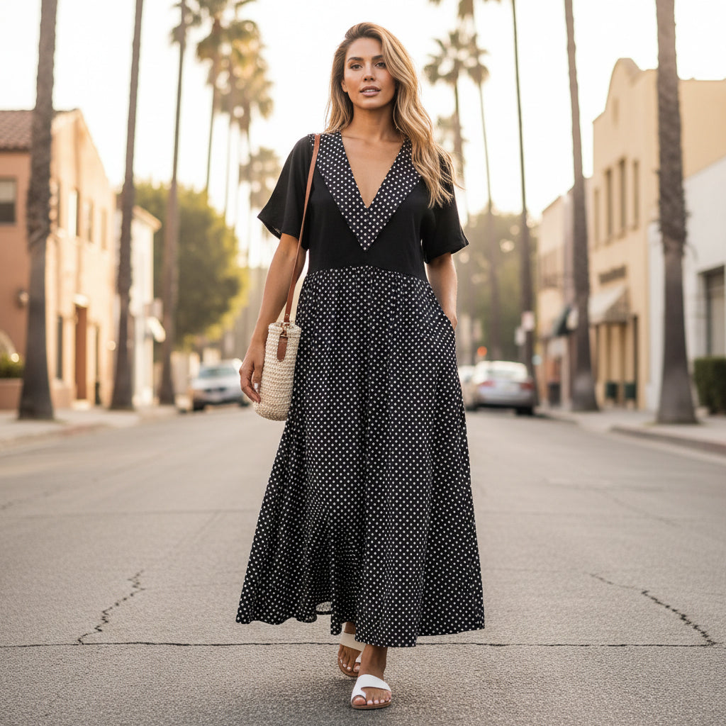 Bold Patchwork Oversized Maxi Dress-Brown Beige Multi