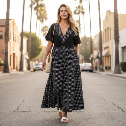 Bold Patchwork Oversized Maxi Dress-Brown Beige Multi