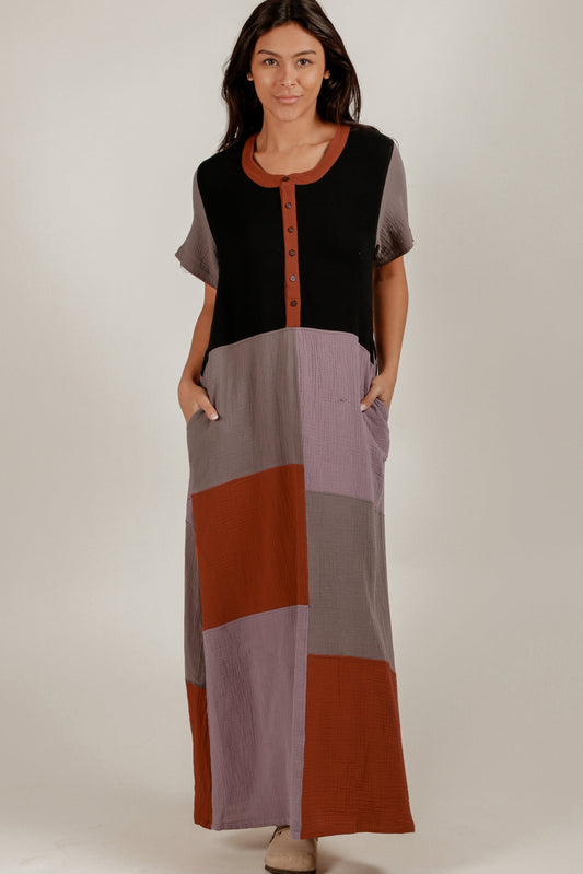 100% Cotton Gauze Multi-Color Patchwork Maxi Dress – Vintage Boho Style(sku#D240033)